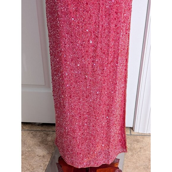 Vintage Y2K Scala Beaded Silk Halter Key Hole Backless Pink Double Slit Gown M - Picture 4 of 15